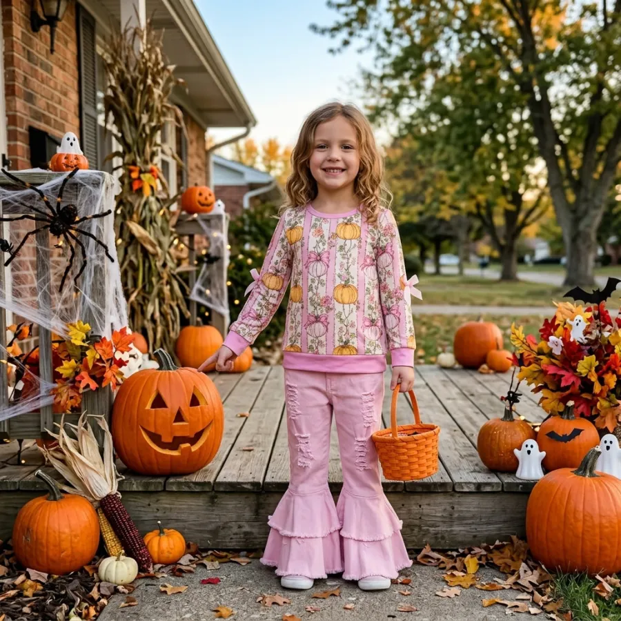 pink pumpkin patch girl shirt for fall