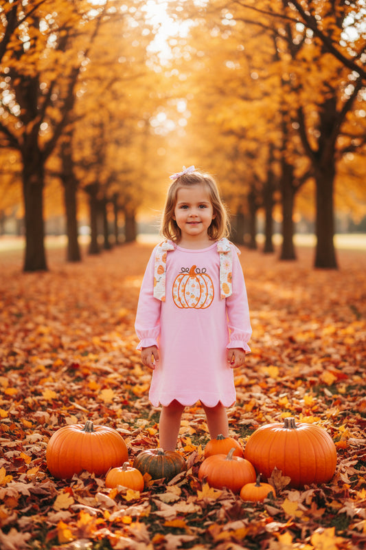 pink pumpkin embroidery scallop dress