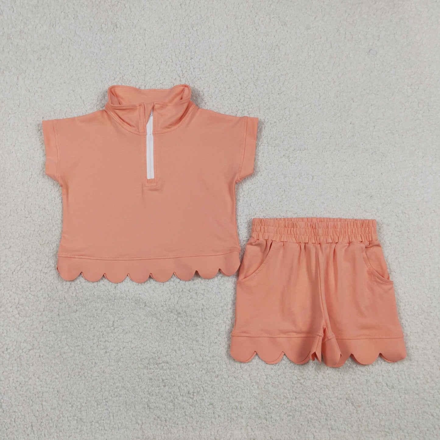 solid cotton peach zipper scallop shorts set summer girl clothing