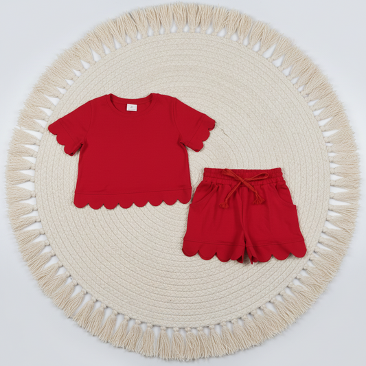 solid red scallop shorts set