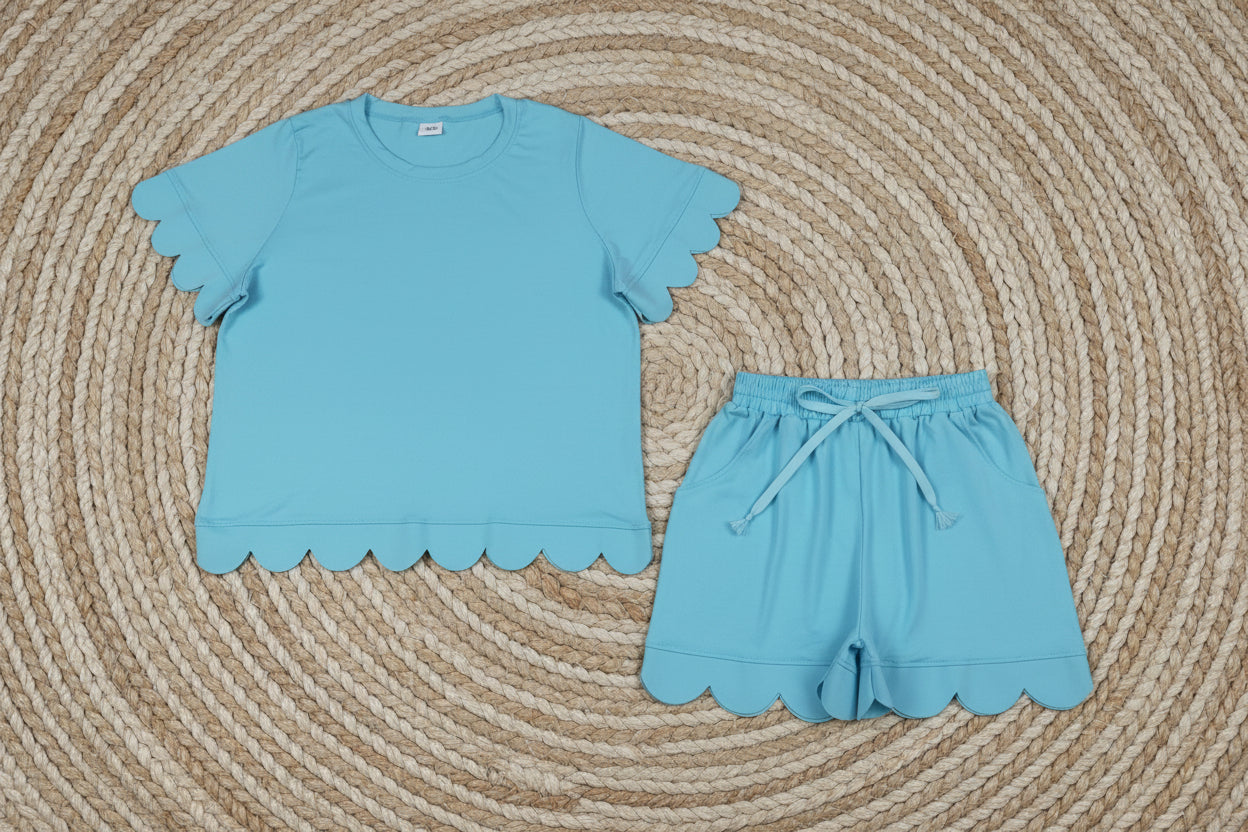 adult clothes women solid blue scallop shorts set