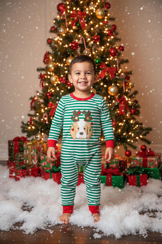LR3146 embroidered antlers bean dog boy romper