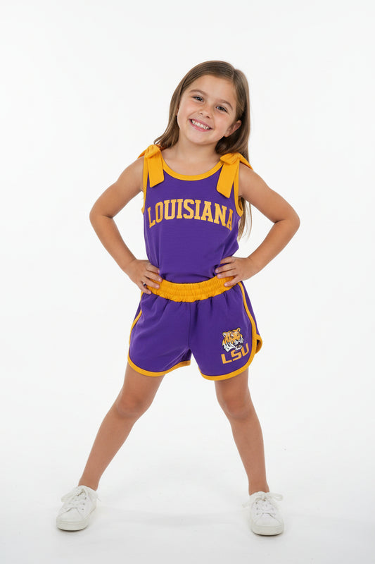 digital print team LSU purple gold bow shorts set girl clothing