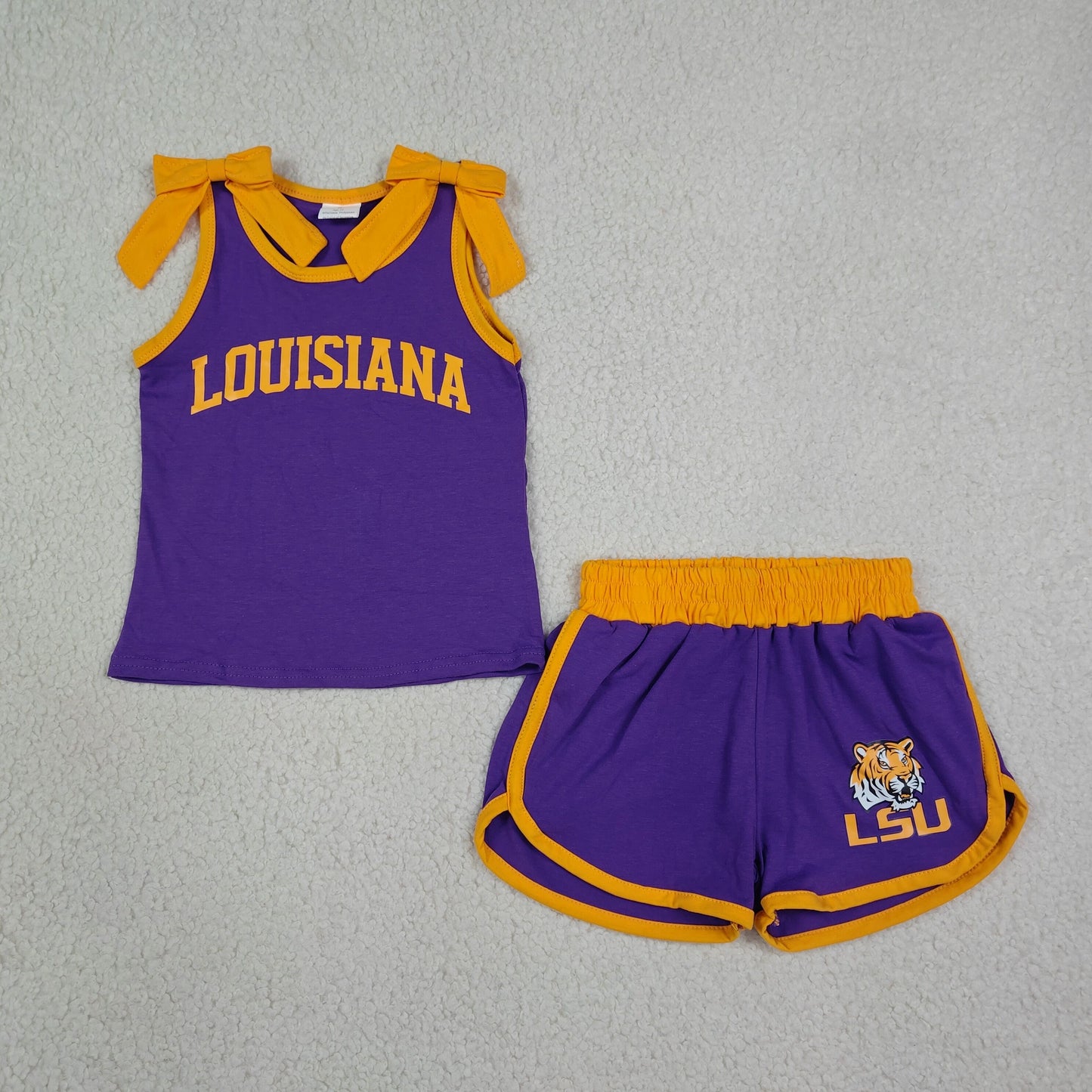 digital print team LSU purple gold bow shorts set girl clothing