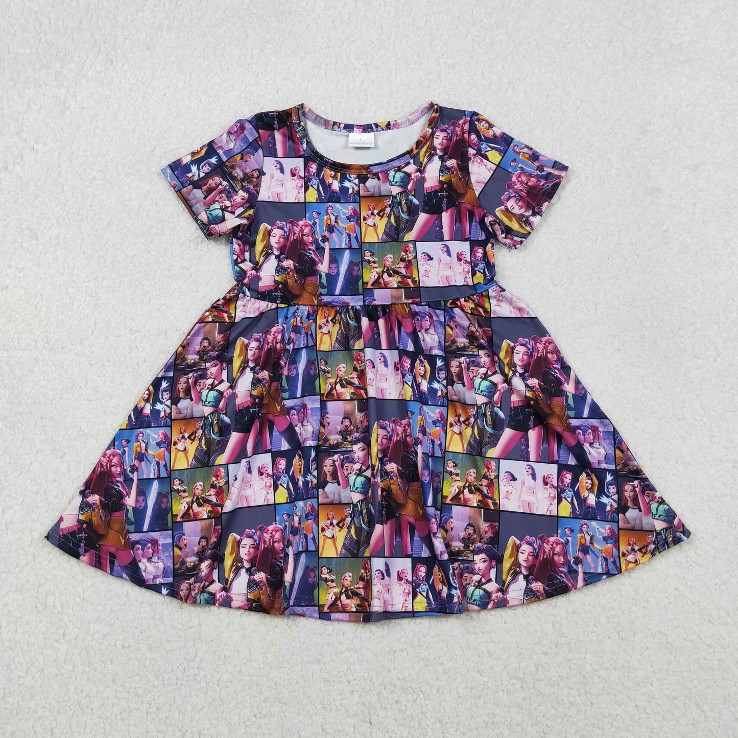 GSD2918  Baby Girls Short Sleeve Cartoon Girls Checked Knee Length Dresses D 1030