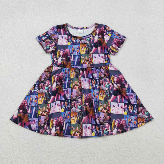 GSD2918  Baby Girls Short Sleeve Cartoon Girls Checked Knee Length Dresses D 1030