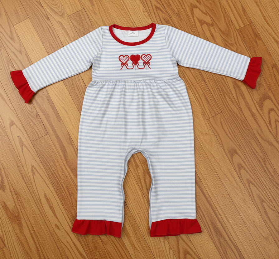 valentine heart embroidered gray stripes romper