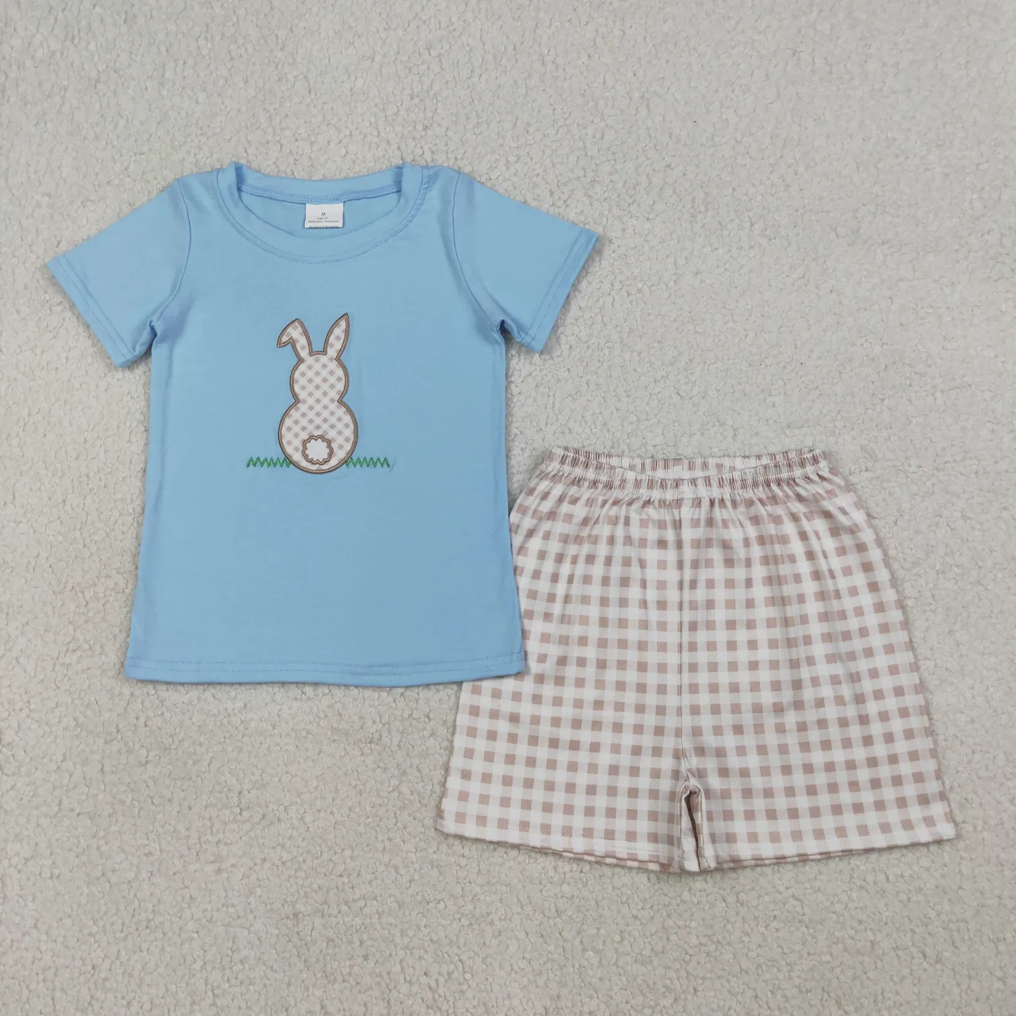 Sibling embroidery gingham bunny shorts set