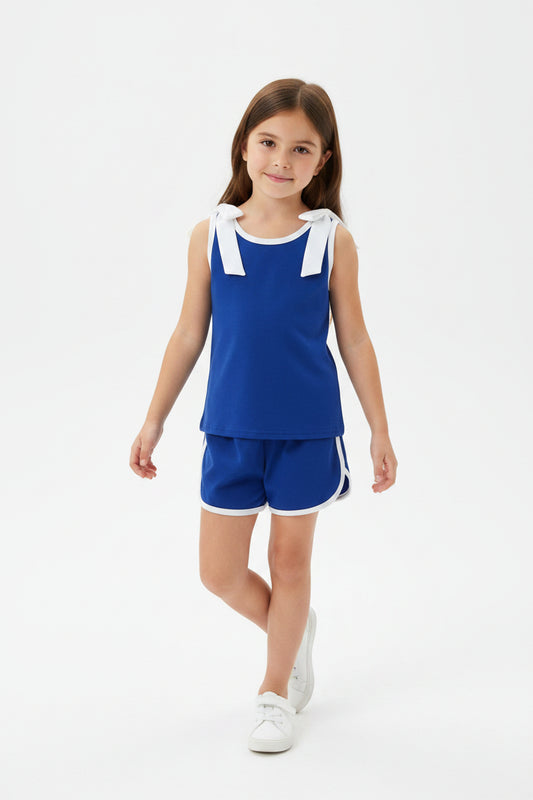 royal blue white bow shorts set summer girl clothing