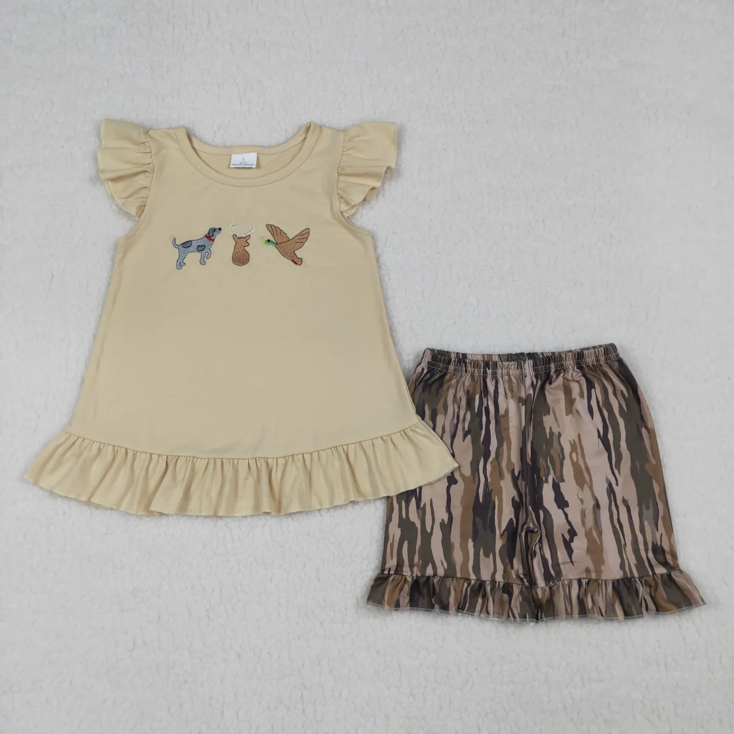 Sibling hunting embroidery camo shorts set