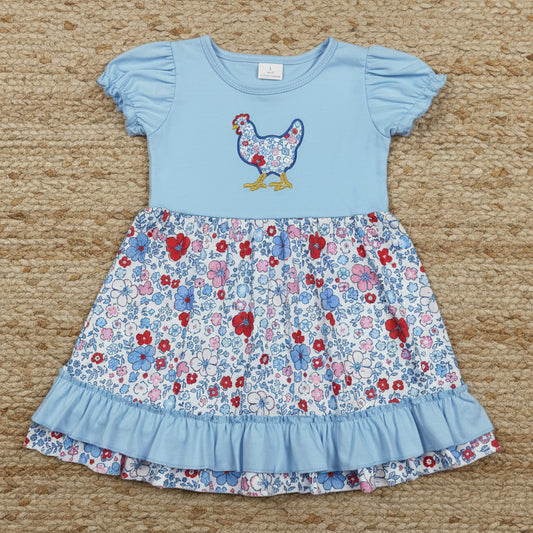 short sleeve flower chicken ruffle dress blue