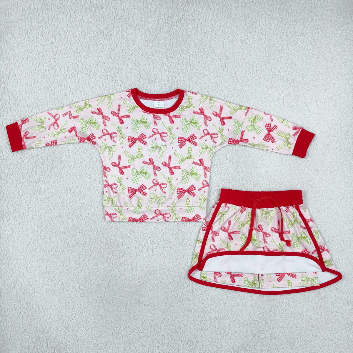 long sleeve green red bow print skort set Christmas girls clothing