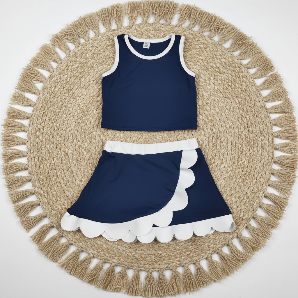 solid navy blue white scallop athletic skort outfit girls clothes