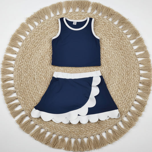 solid navy blue white scallop athletic skort outfit girls clothes