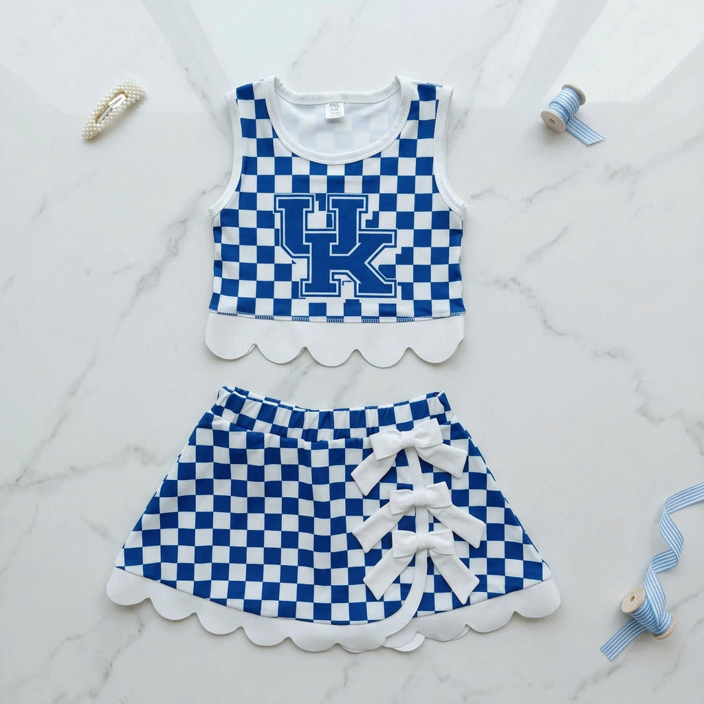 UK blue check scallop athletic skort outfit girls clothing