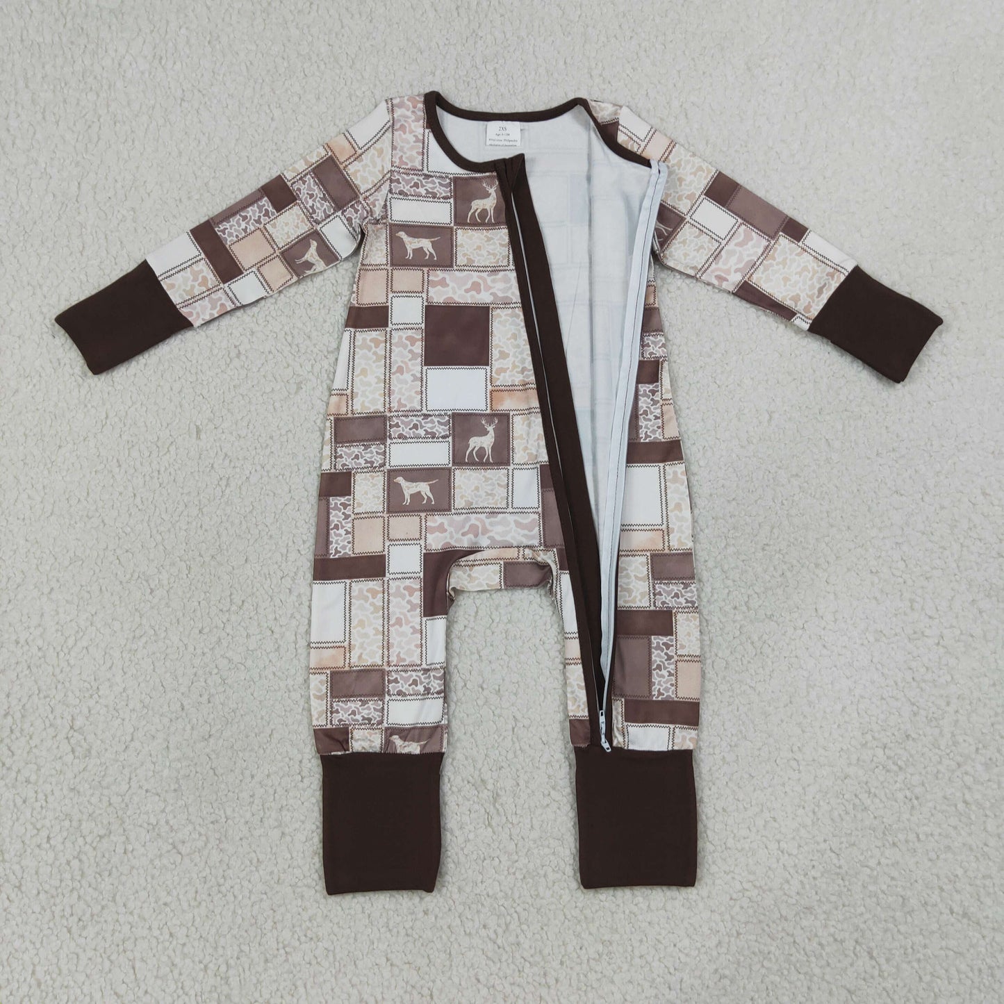 LR3118 long sleeve deer dog camo patchwork zipper sleeper baby clothing