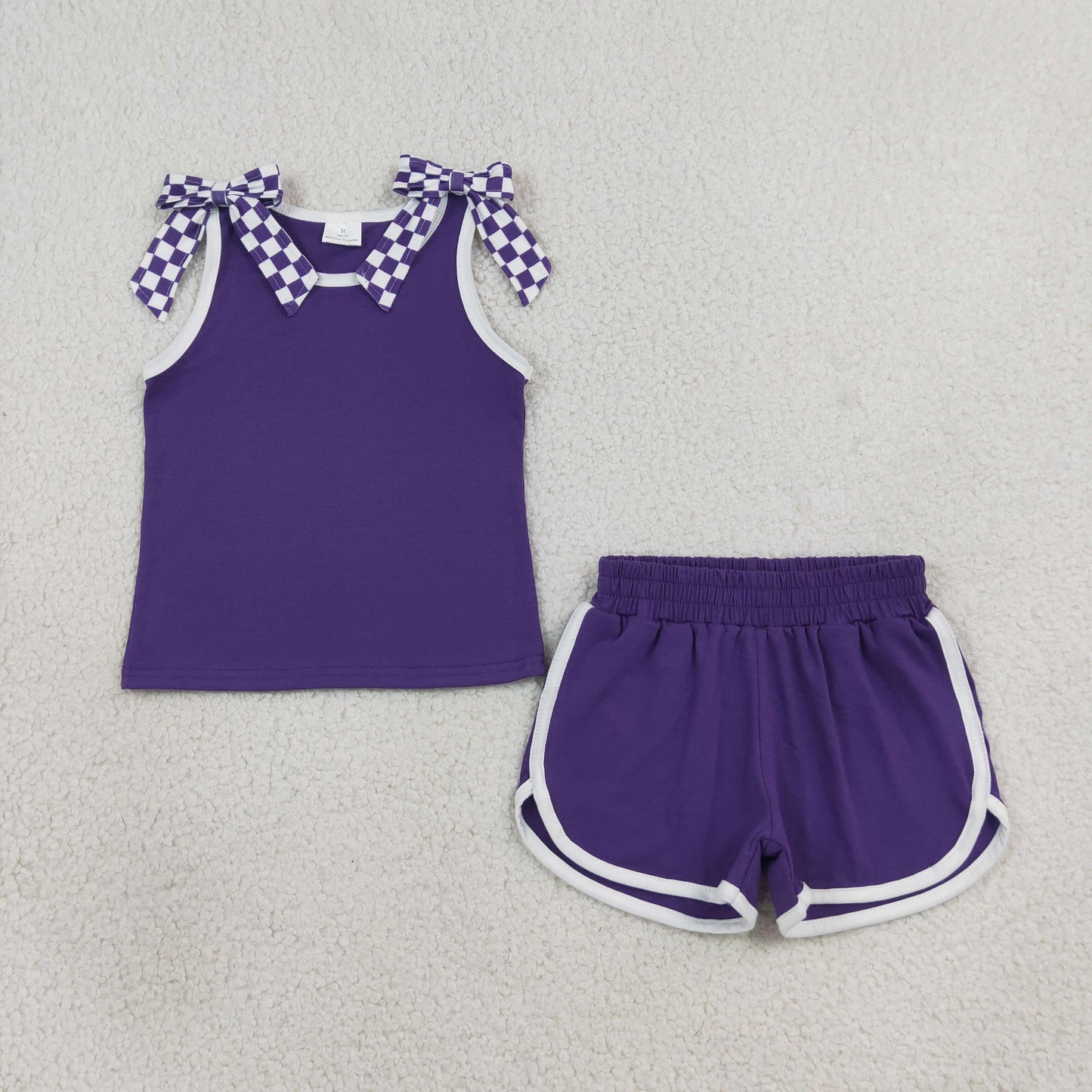 purple checkered bow shorts set summer girl clothing