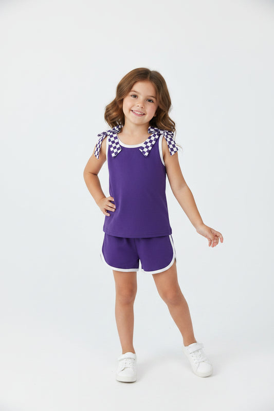 purple checkered bow shorts set summer girl clothing