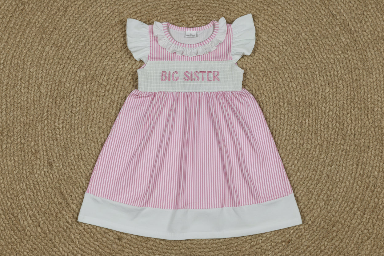 big sister embroidery pink stripes dress