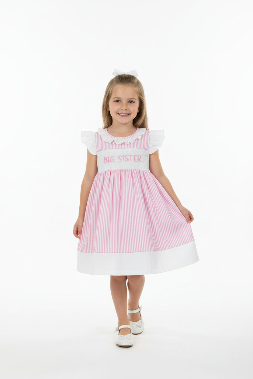 big sister embroidery pink stripes dress