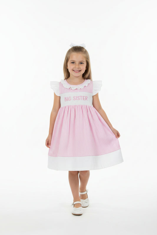 big sister embroidery pink stripes dress