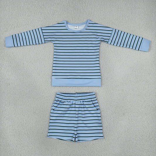 athletic blue stripe shorts set yoga outfit girls clothing