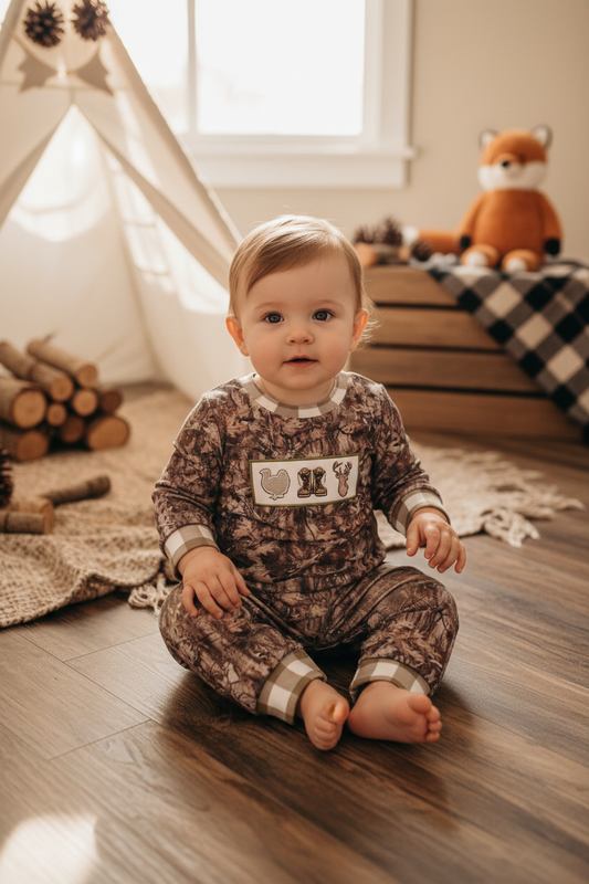 LR0527 Embroidered Turkey Boots Deer Leaf Plaid Green Long Sleeve Jumpsuit