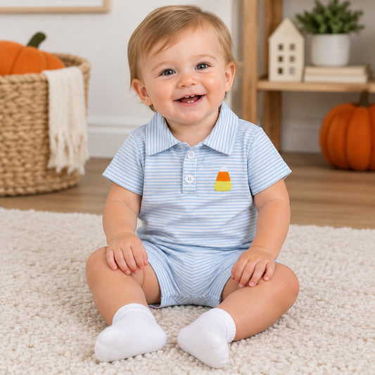 halloween candy corn embroidery striped polo romper