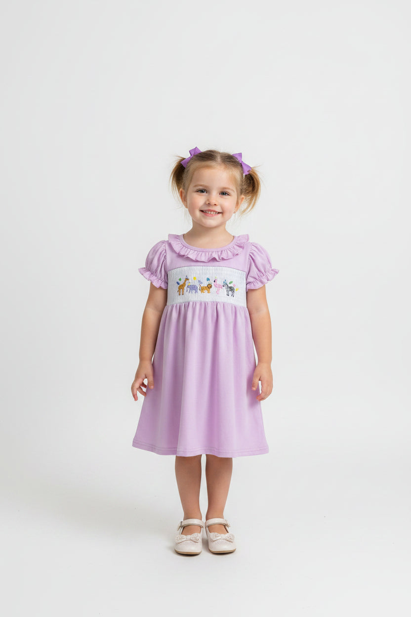 cotton lavender zoo animal smock dress embroidered girl dress