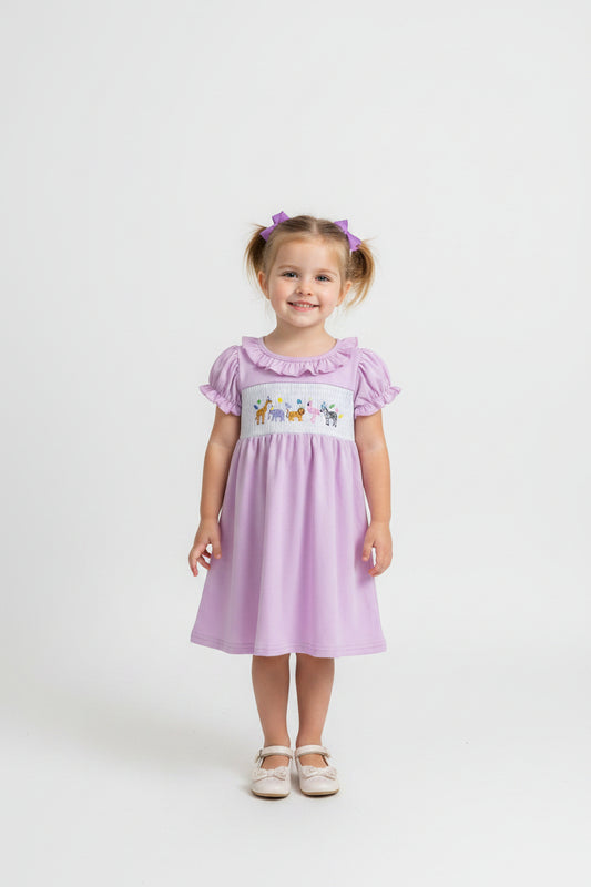 cotton lavender zoo animal smock dress embroidered girl dress