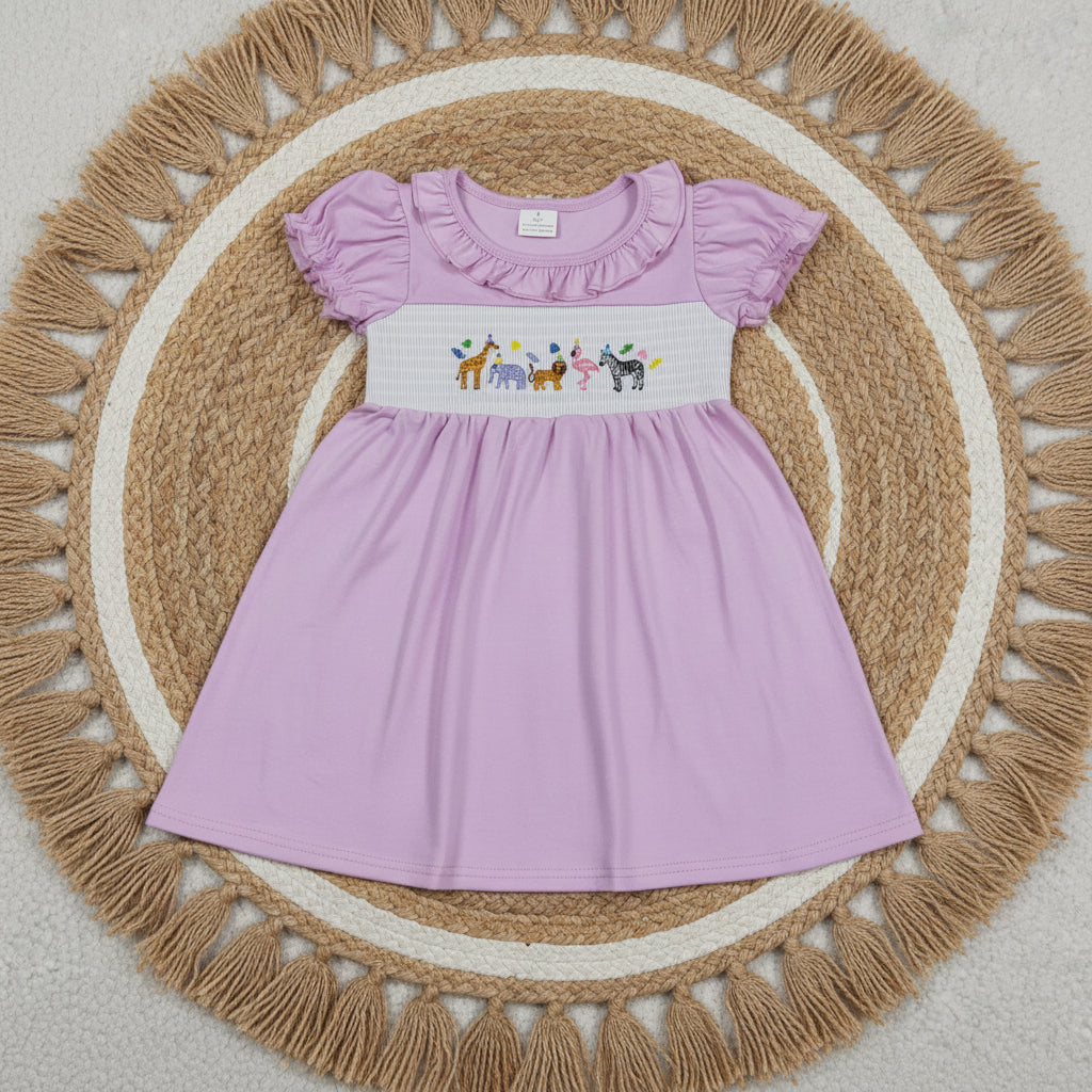 cotton lavender zoo animal smock dress embroidered girl dress