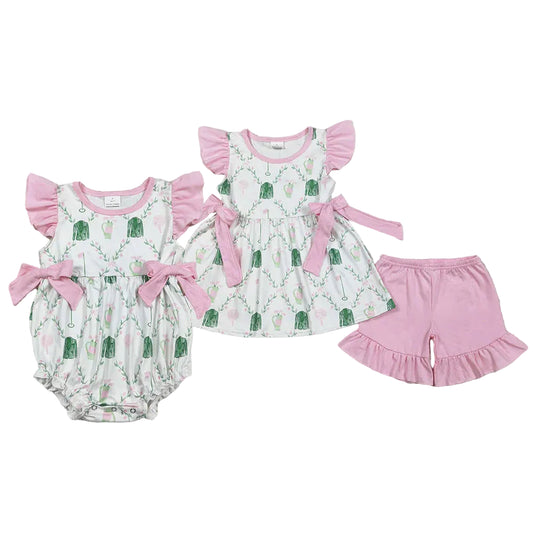 RTS Sibling Baby Girls Pink Flower Golf Checked Tunic Ruffle Shorts Clothes Set Rompers