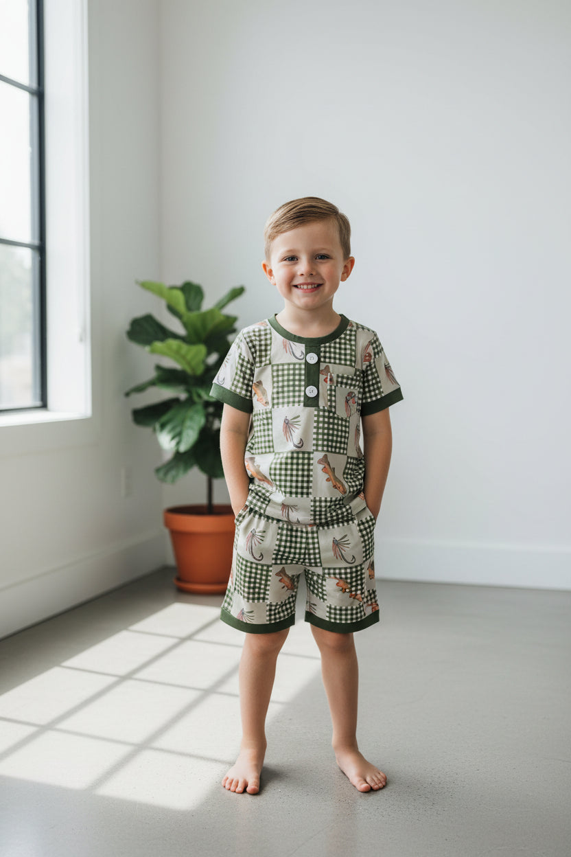fishing patchwork shorts set boys kids clothing