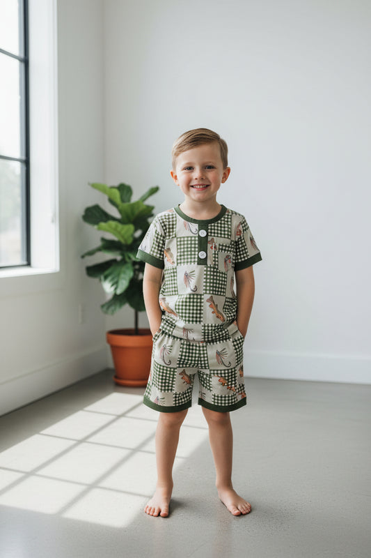 fishing patchwork shorts set boys kids clothing