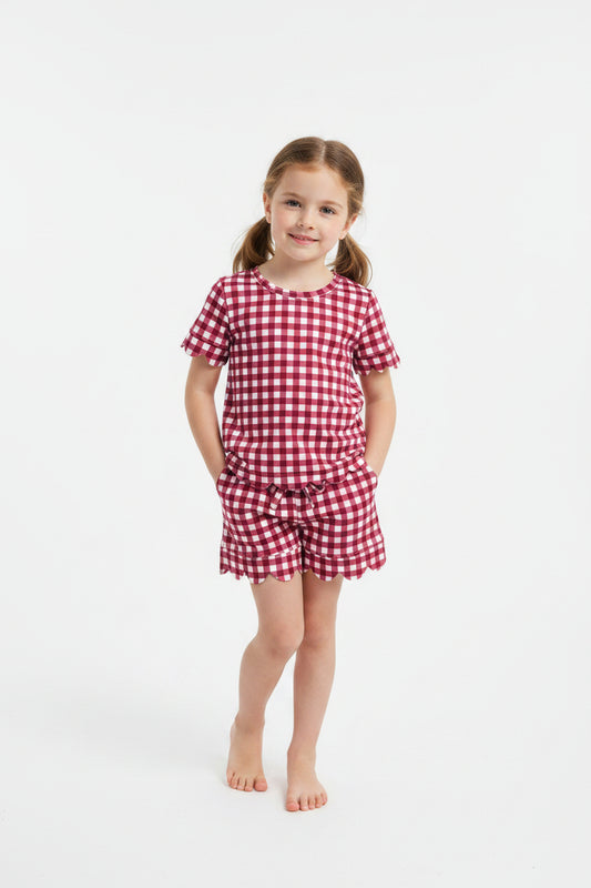 maroon gingham scallop shorts set girl clothing