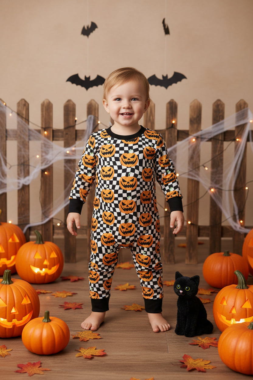 SR1389 halloween pumpkin wave checkered boy romper
