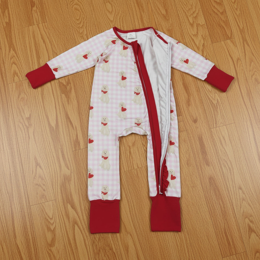 pink gingham coquette-pups zip sleeper baby clothes