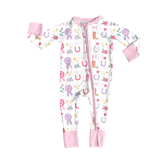 Custom Baby Girls Western Rodeo Stars Bows Zipper Footie Rompers D 8.13