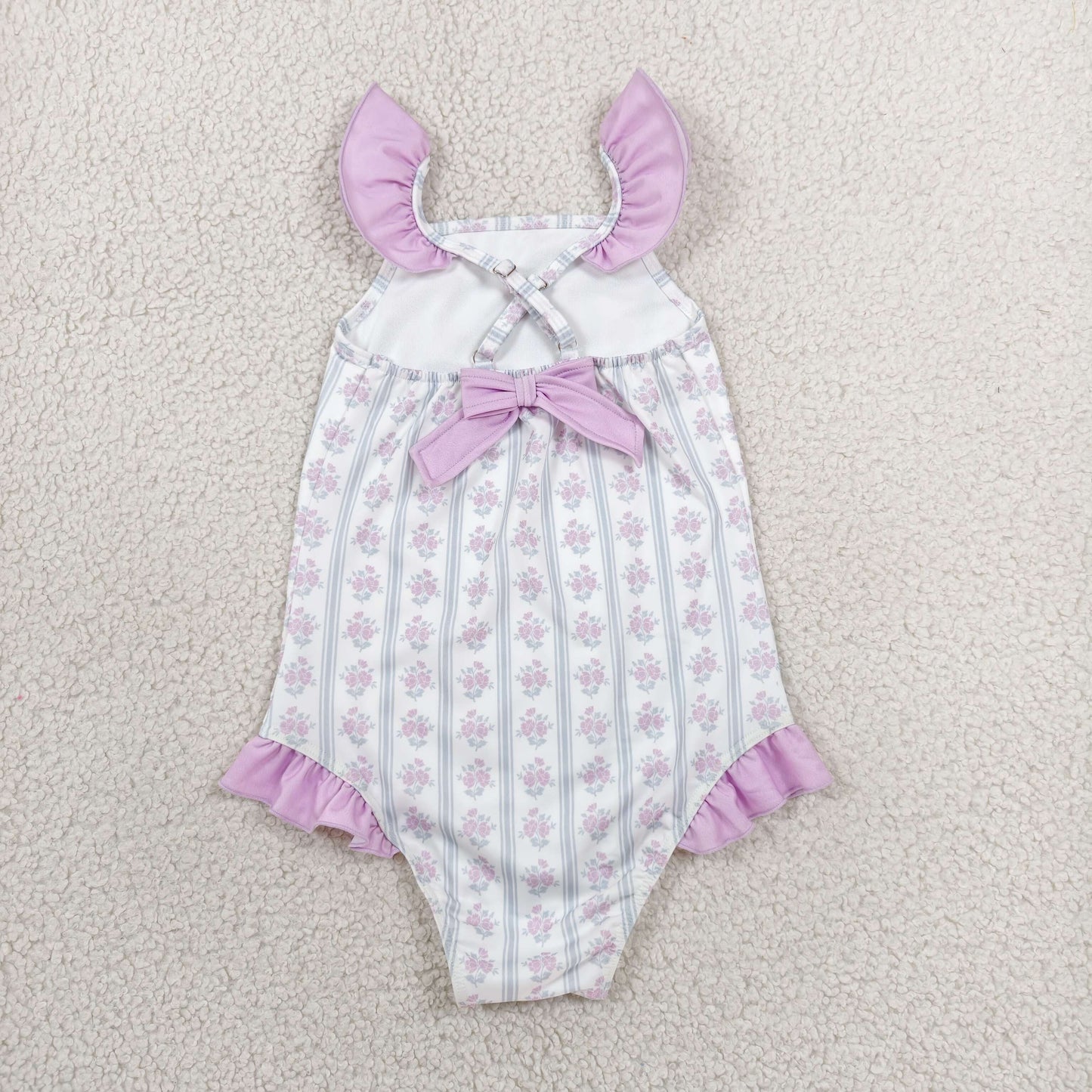 one pieces striped lavender floral swimsuit for girl