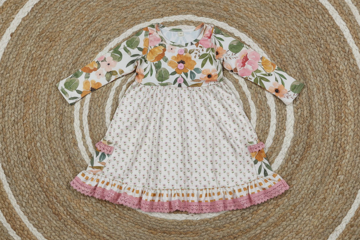 long sleeve flower floral pocket ruffle dress