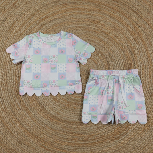 floral patchwork scallop shorts set summer clothing