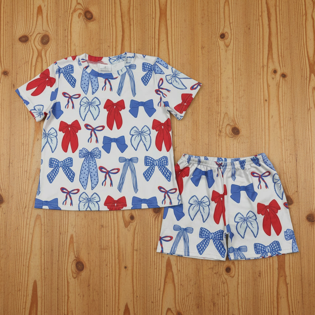 RWB bow short set 4th of july girls clothing