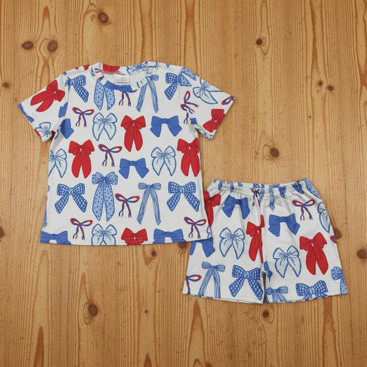 RWB bow short set 4th of july girls clothing
