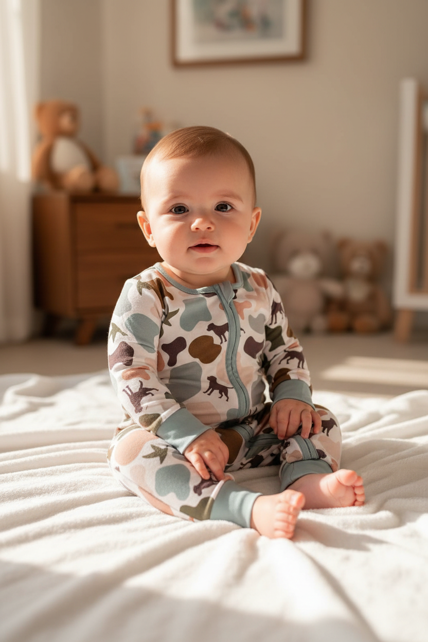 LR1387 Bamboo Puppy Duck Camo Green Zipper Long Sleeve Bodysuit