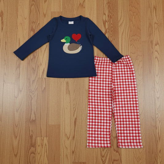 duck heart embroidery plaid pants set valentine's day boys outfit