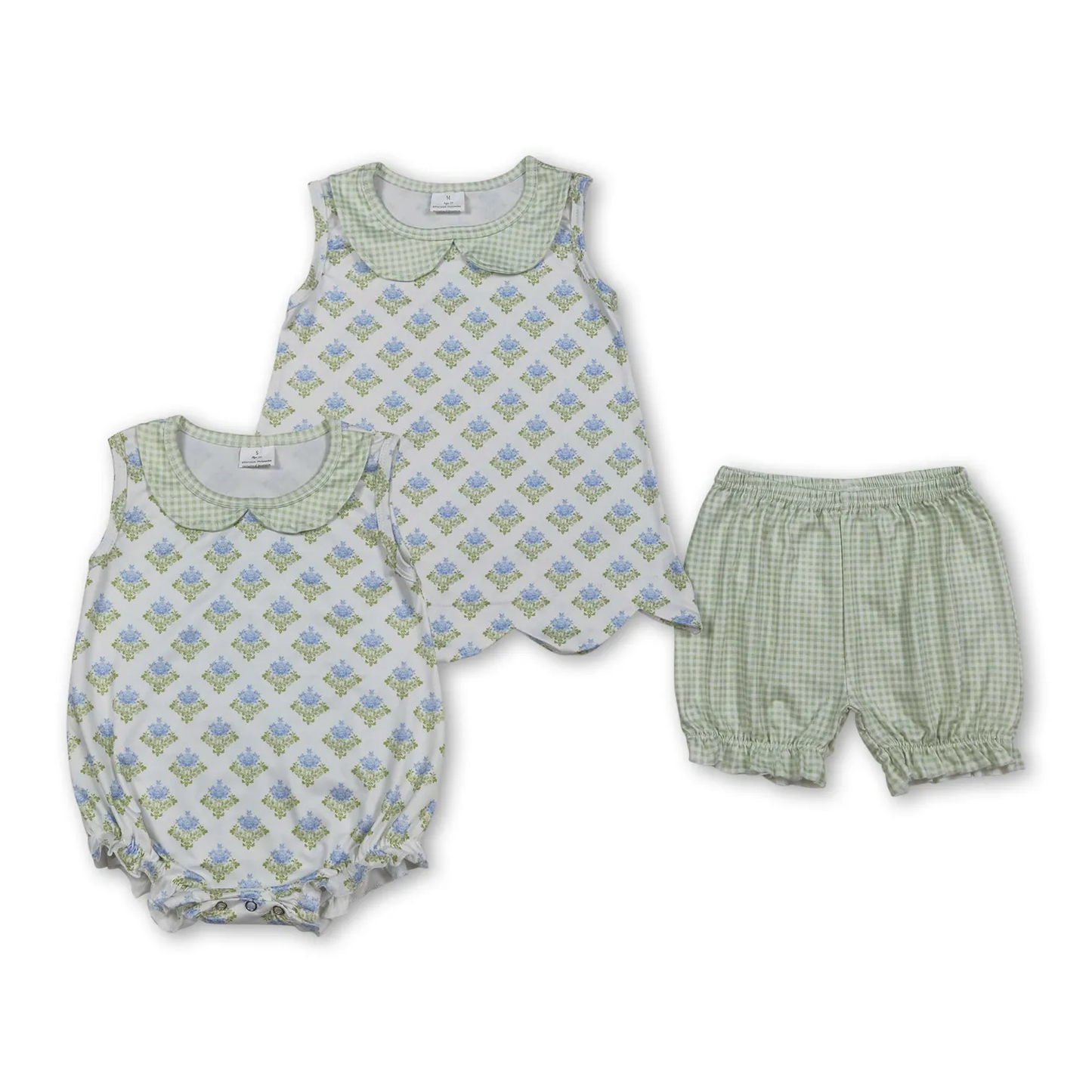 Sibling blue flower bloomer set and bubble girl clothing