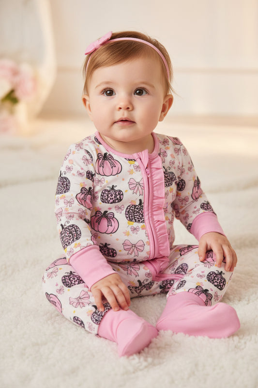 LR3061 long sleeve bow leopard pumpkin ruffle zip romper fall baby clothing
