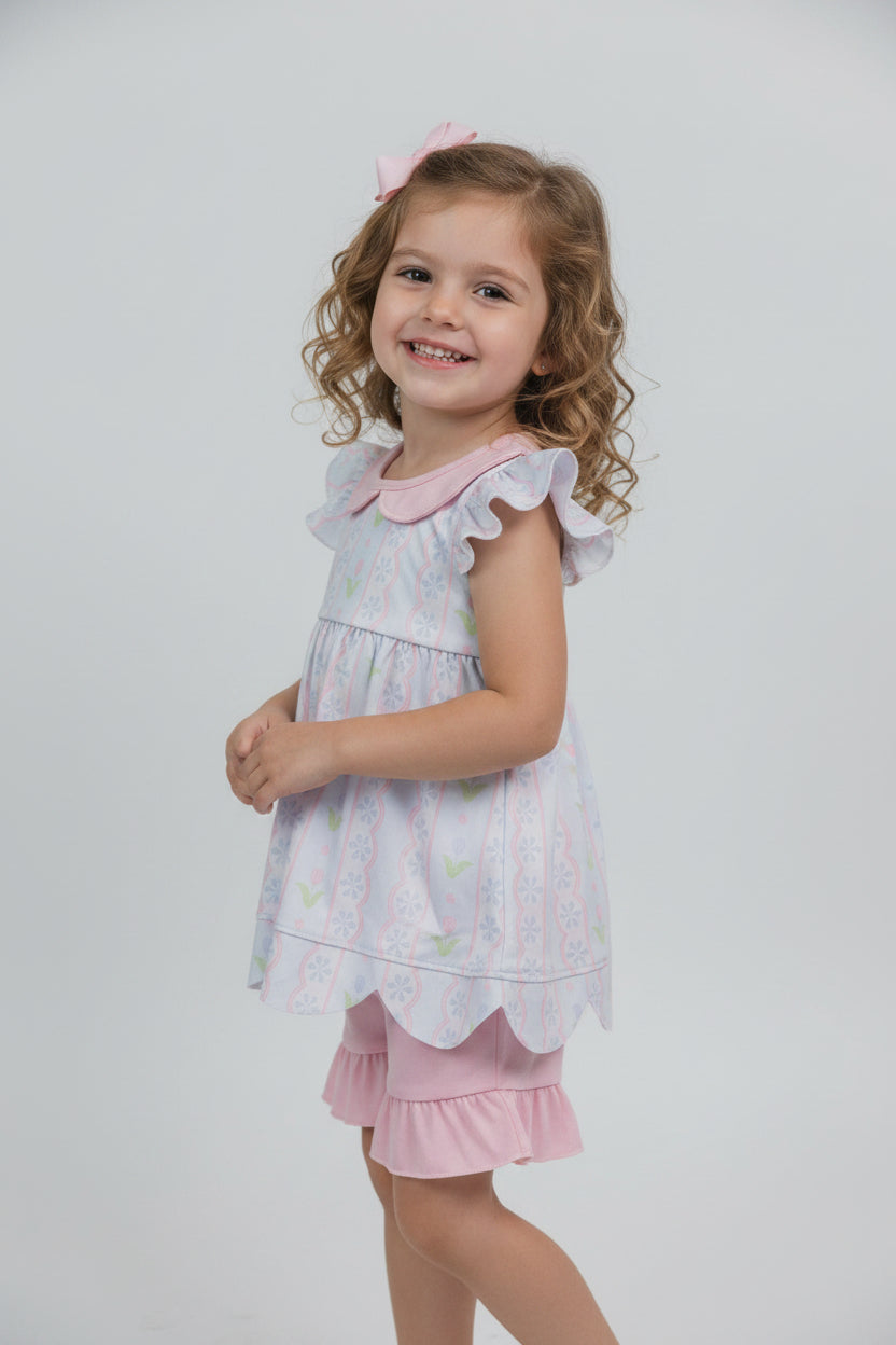 collared floral scallop top shorts set girl clothing