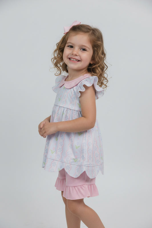 collared floral scallop top shorts set girl clothing
