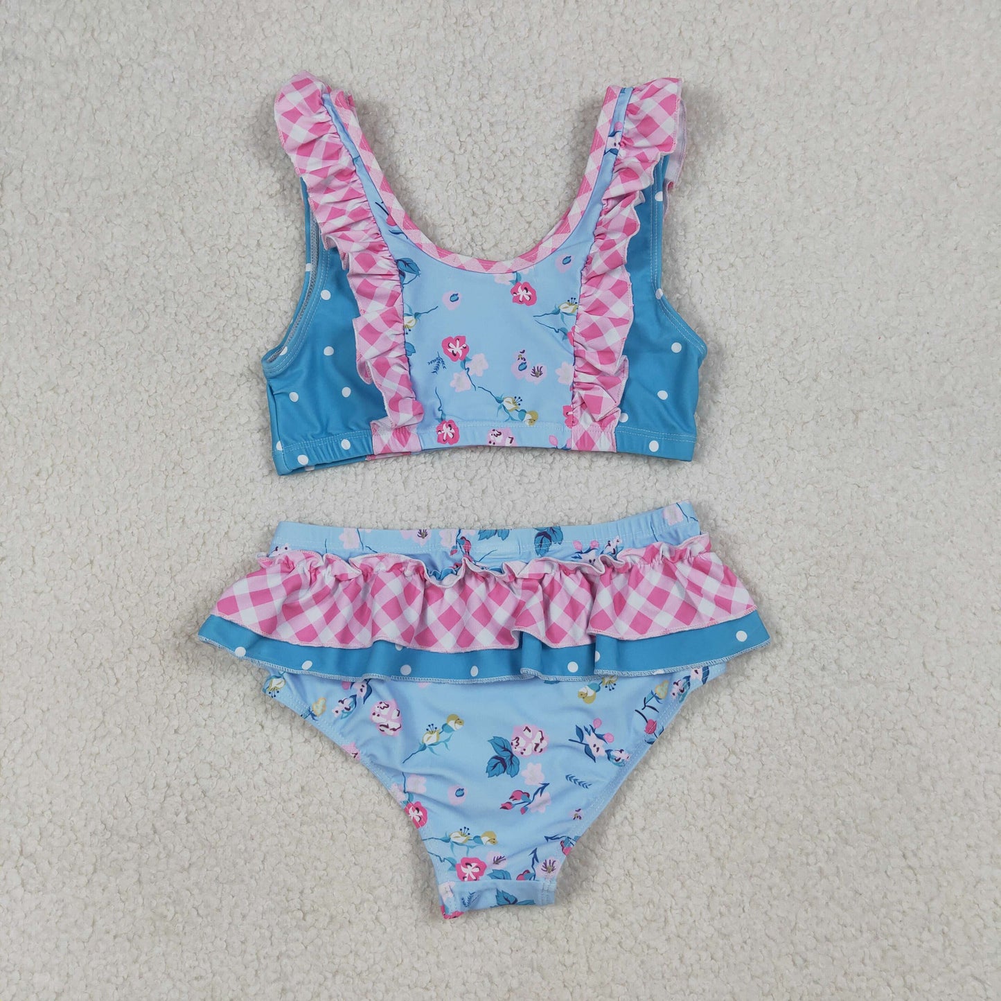 baby girl two pieces blue ruffle floral swimsuit